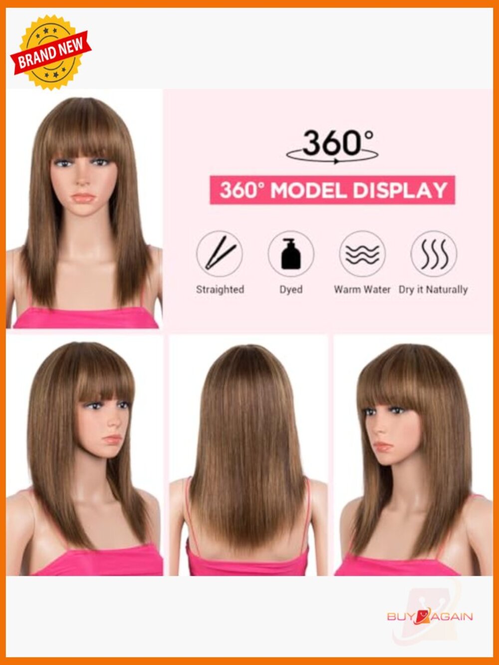 14 Inch Straight Wig with Bangs Human Hair Glueless Machine Made - Picture 5 of 6
